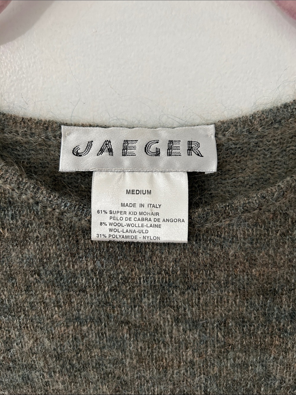 Jaeger Kid Mohair Blend Sweater Heather Olive Soft Airy Knit Crewneck Medium - Picture 2 of 16
